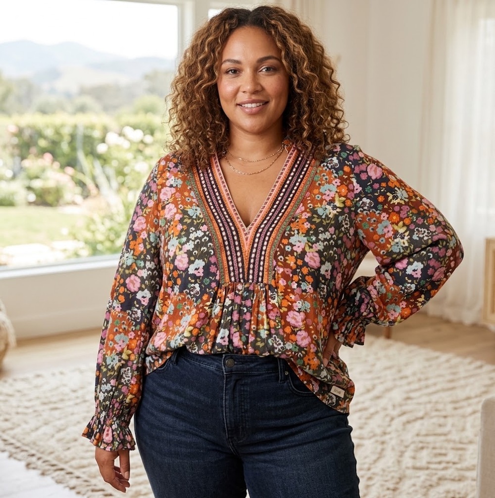 Bl^nk Anthropologie Stephanie Boho Floral Woven Crochet Top Women's 2X Multi